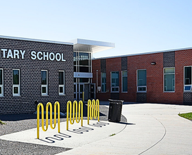 Exterior view of the main entrance to be used during the school day for Meadowlark Elementary School