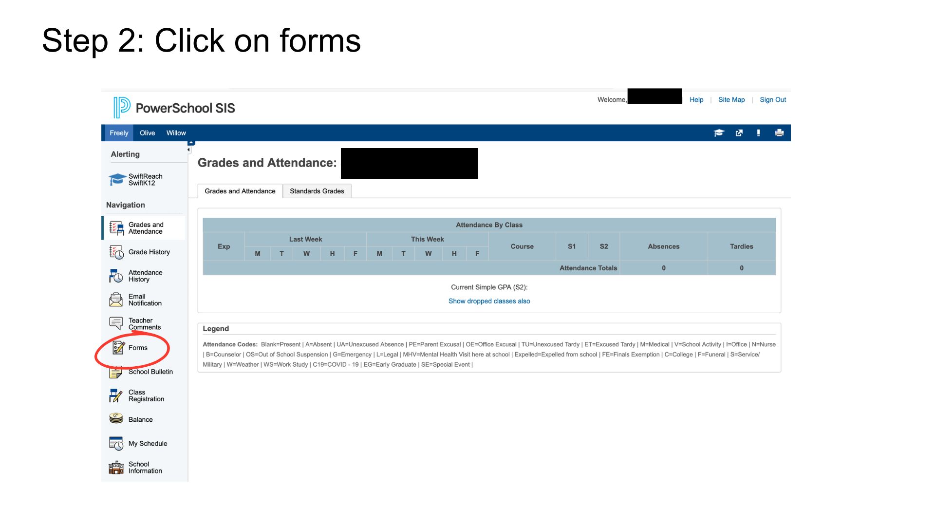 Screenshot showing a web page with the text 'Step 2: Click on forms' at the top.