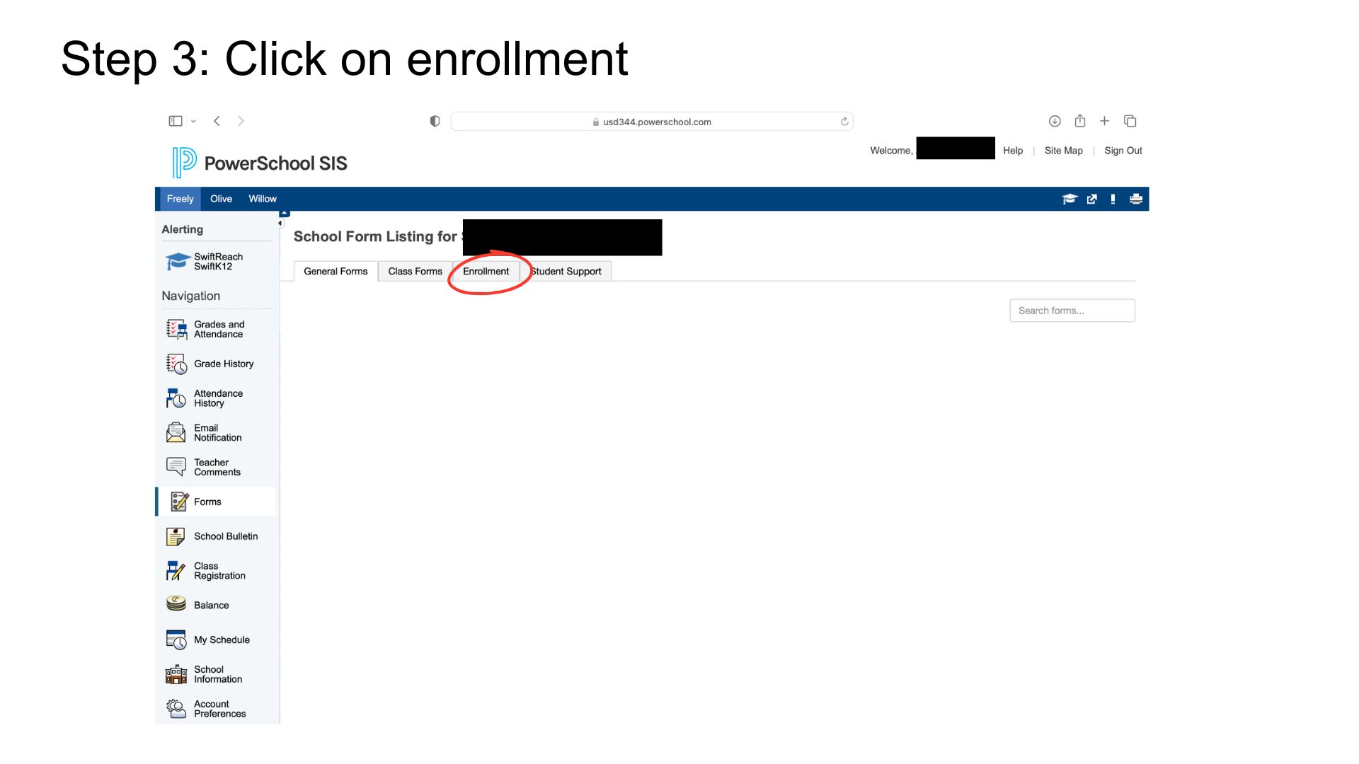 Screenshot showing a computer screen with the text 'Step 3: Click on enrollment' and a highlighted button.