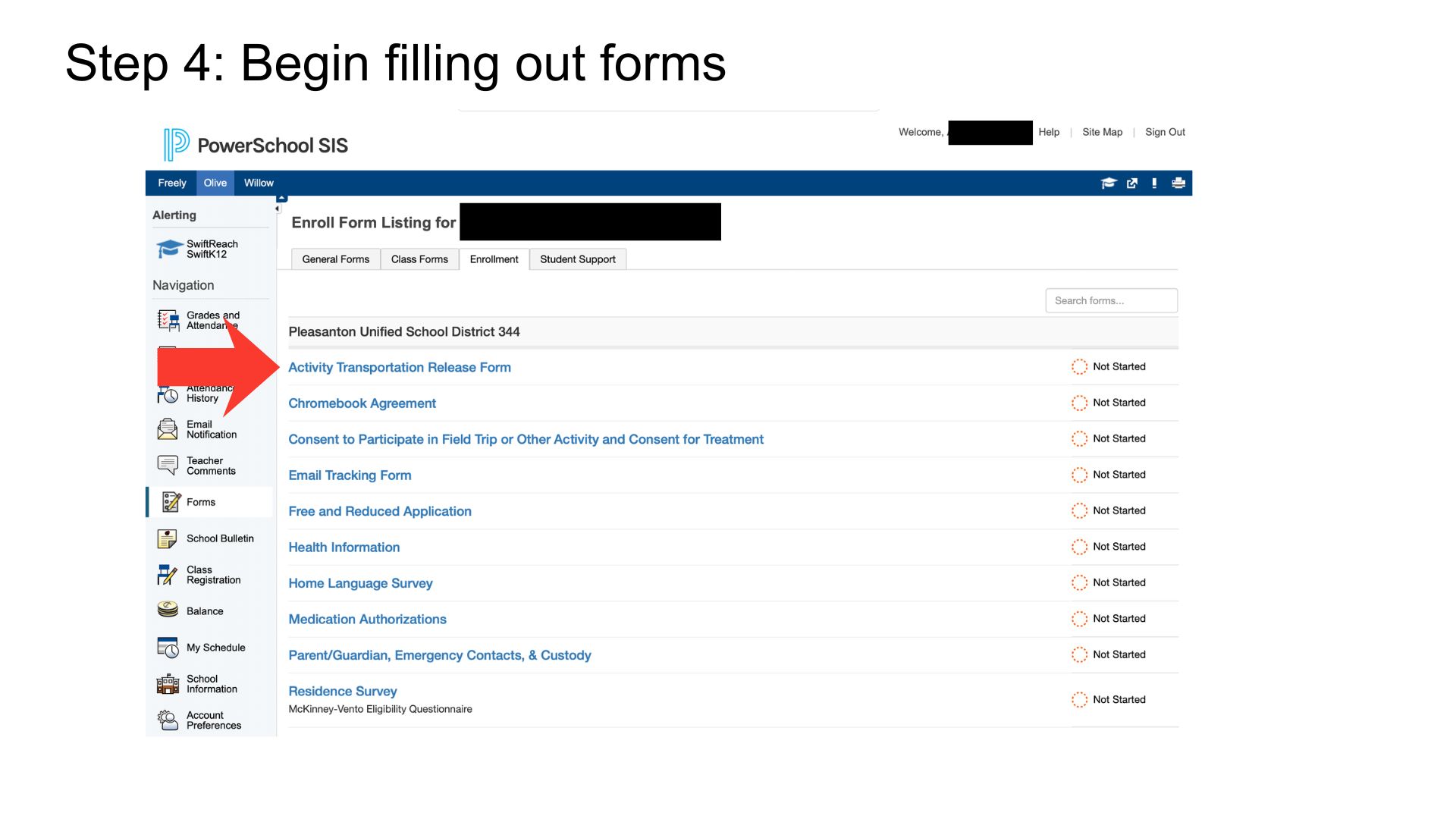 Screenshot shows a web page with the title 'Step 4: Begin filling out forms'.