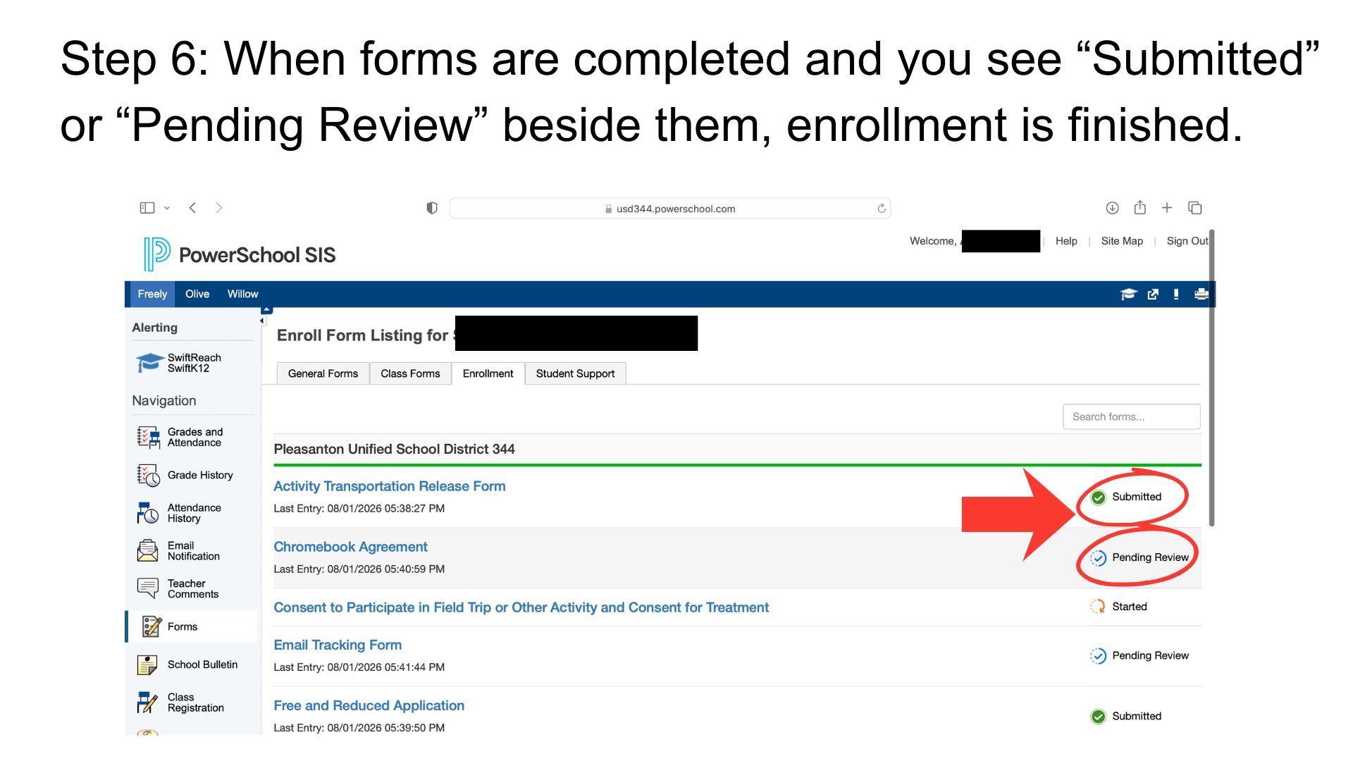 Screenshot of a web page showing form submission status with "Submitted" and "Pending Review" highlighted.