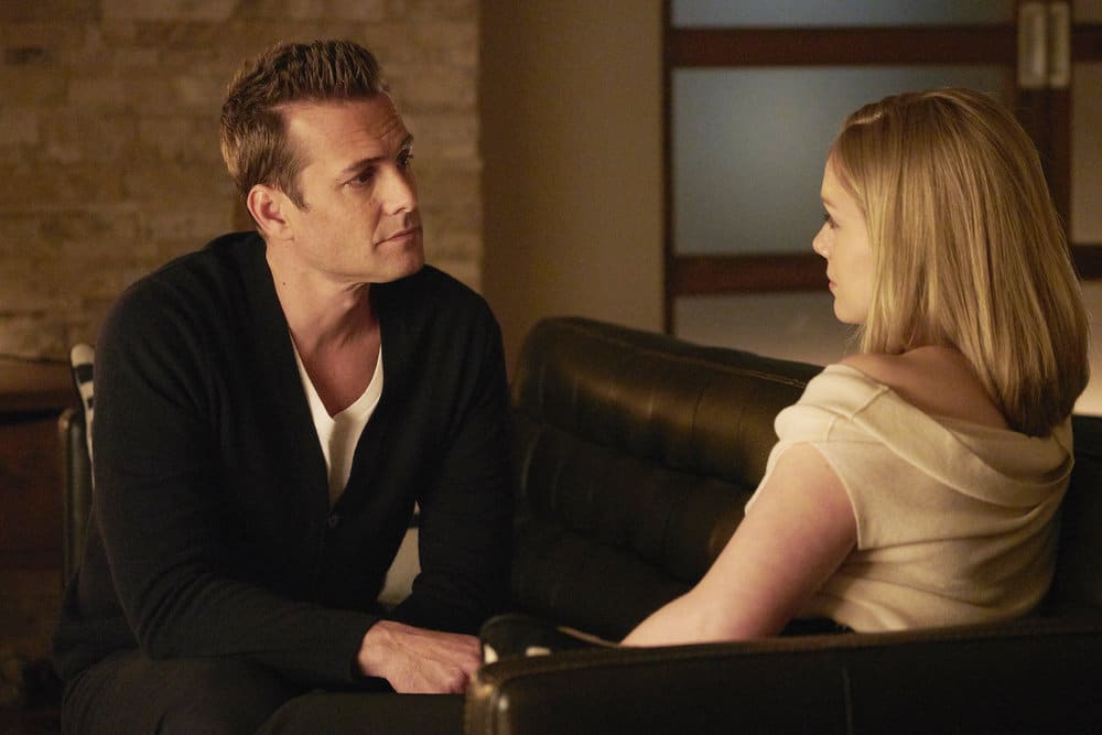 SUITS -- "Mudmare" Episode 703 -- Pictured: (l-r) Gabriel Macht as Harvey Specter, Christina Cole as Dr. Paula Agard SUITS -- "Mudmare" Episode 703 -- Pictured: (l-r) Gabriel Macht as Harvey Specter, Christina Cole as Dr. Paula Agard