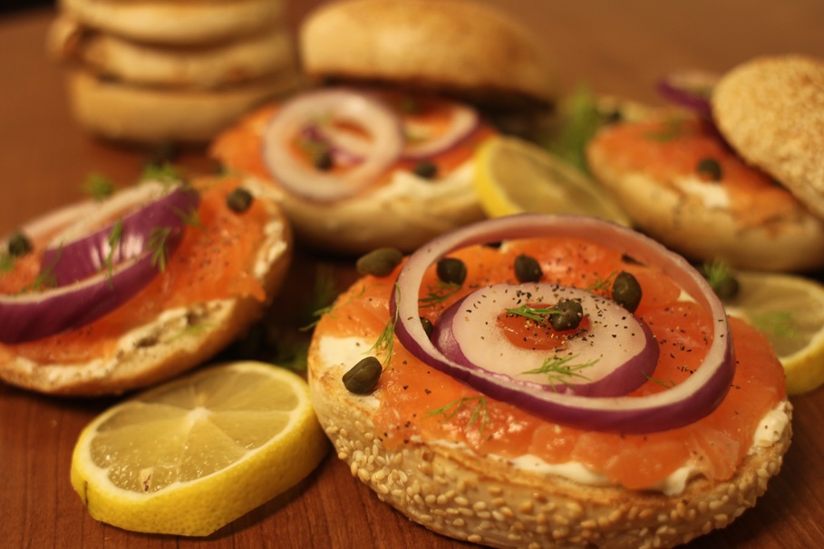 bread, vegetable, cheese, tomato, meat, salmon