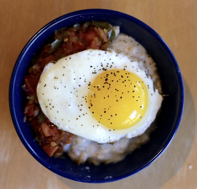 egg, fried egg, bacon, rice, meat