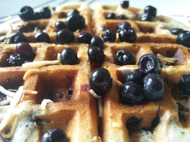 blueberry, syrup, waffle, butter