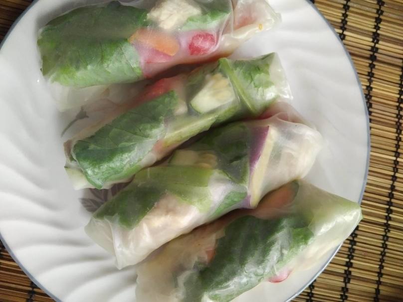 lettuce, salad, vegetable, rice, spring rolls