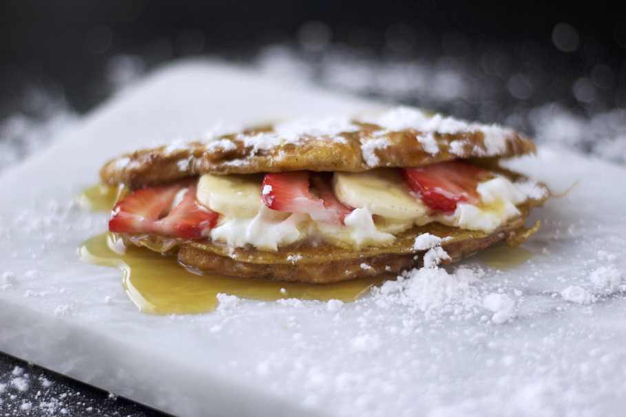 cream, banana, strawberry, syrup, waffle