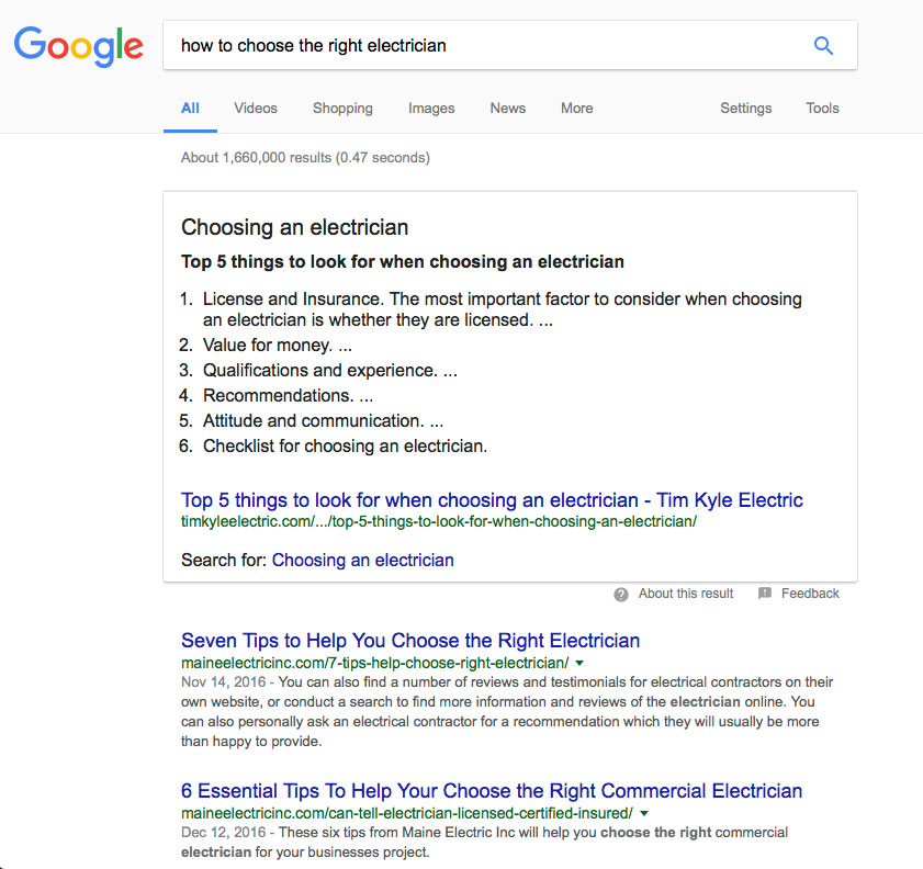 Screen shot of Google results to show ranking at zero