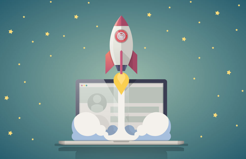 graphic showing website speed with laptop and rocket