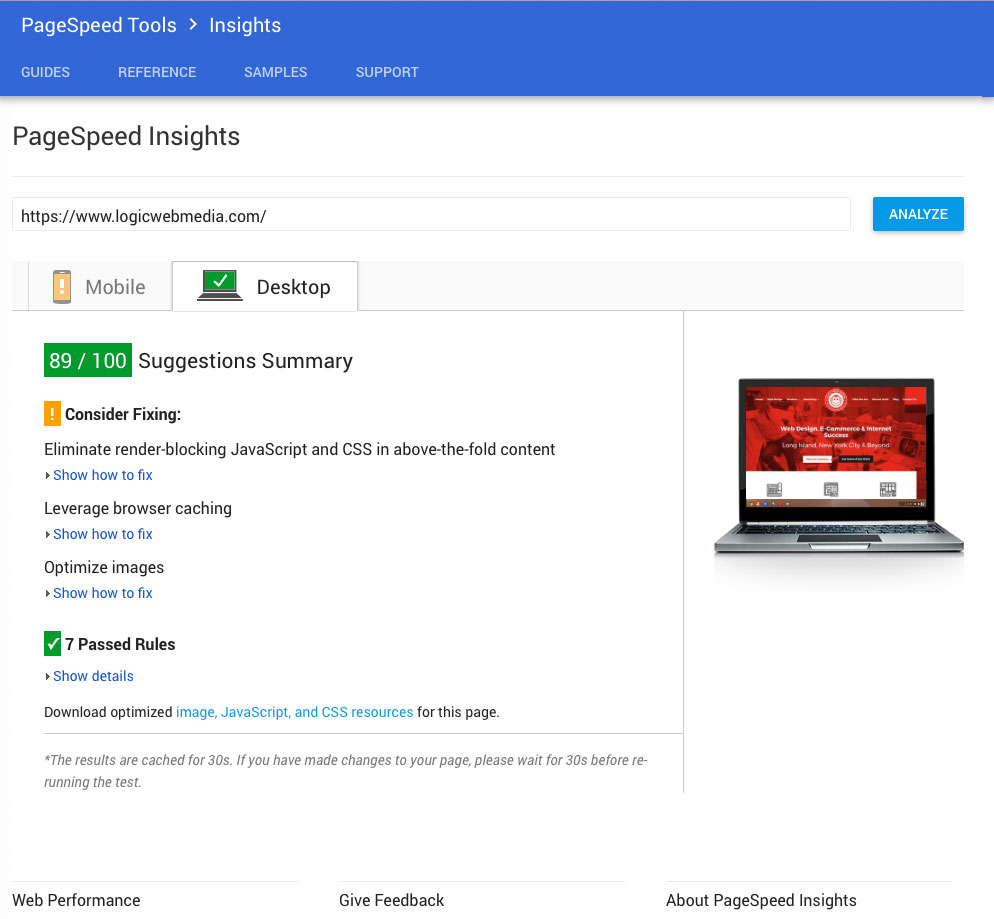 Desktop speed test example