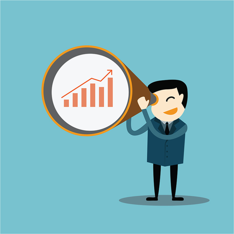 graphic of Businessman looking at graph data with a zoom lens