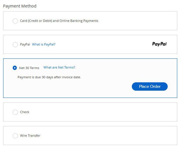 Payment method options, including Net 30