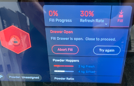 Fuse Sift touchscreen showing the Drawer Open message