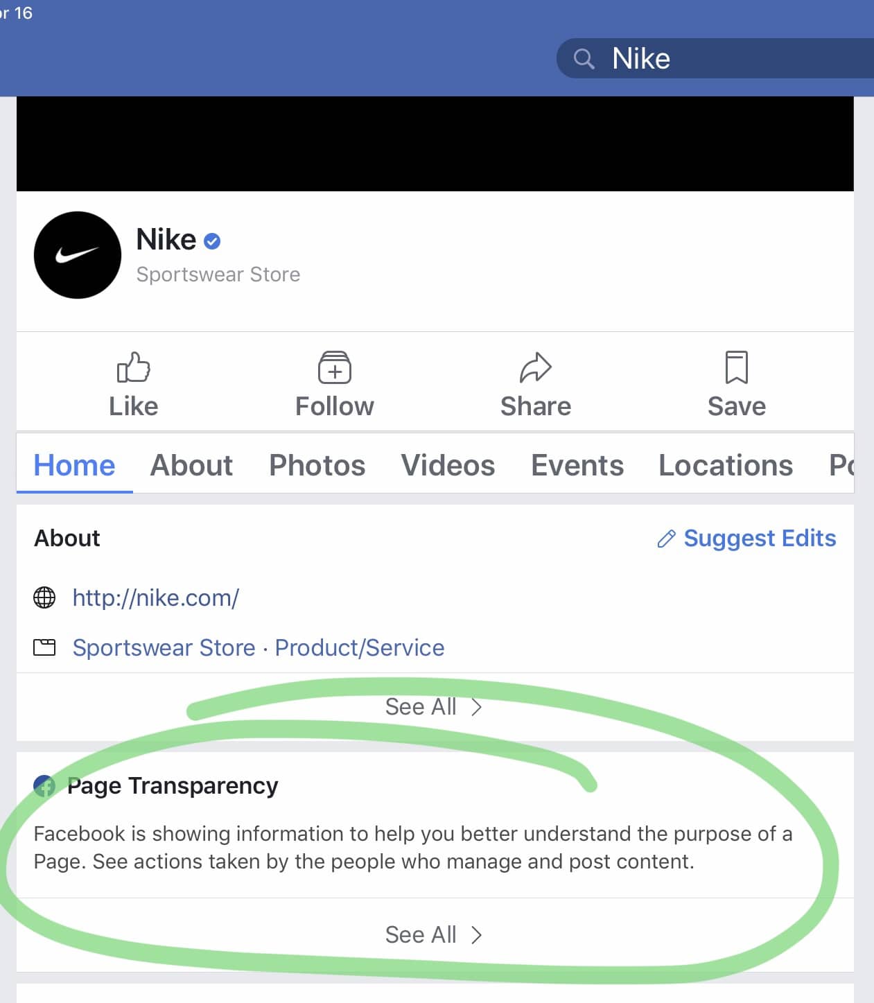 The section titled Page Transparency opens a section that lets you browse the ads they’ve placed