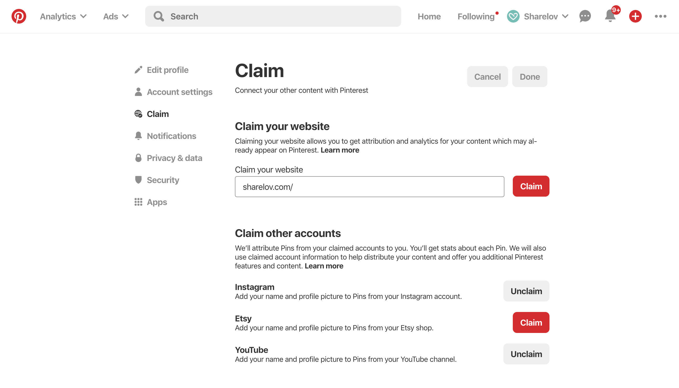 Pinterest Claim Website