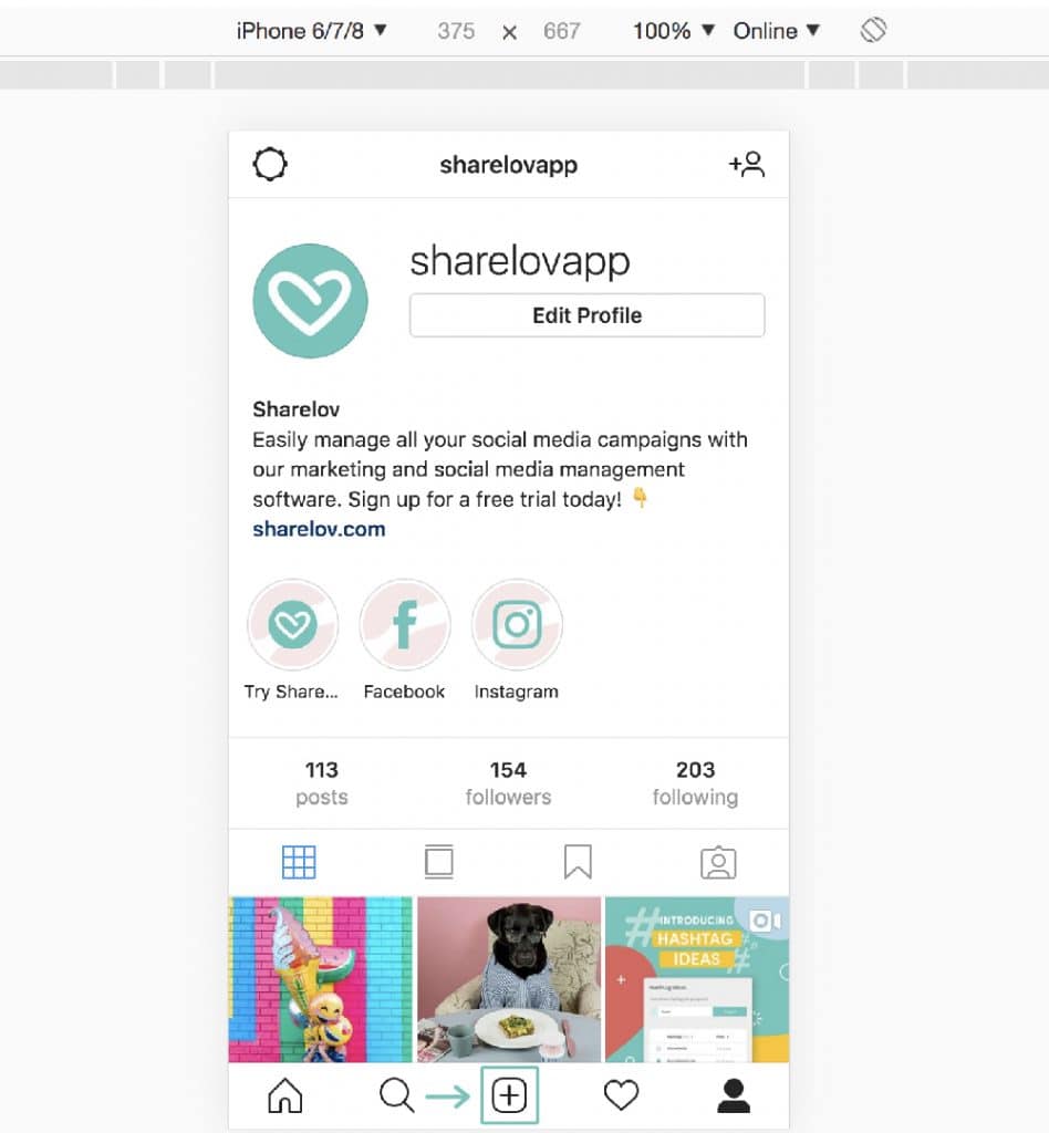 Now the “+” sign appears on your Instagram interface
