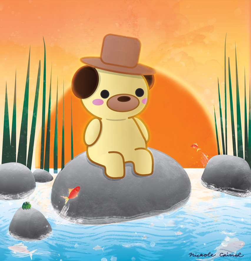 pug on rock watching fish in the water