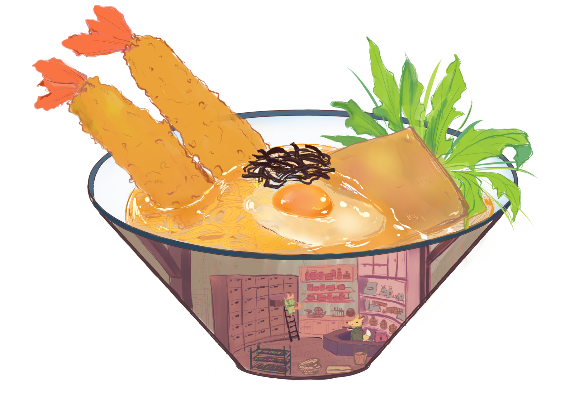 ebi tempura ramen with a ramen store in the cross-section of the
      bowl