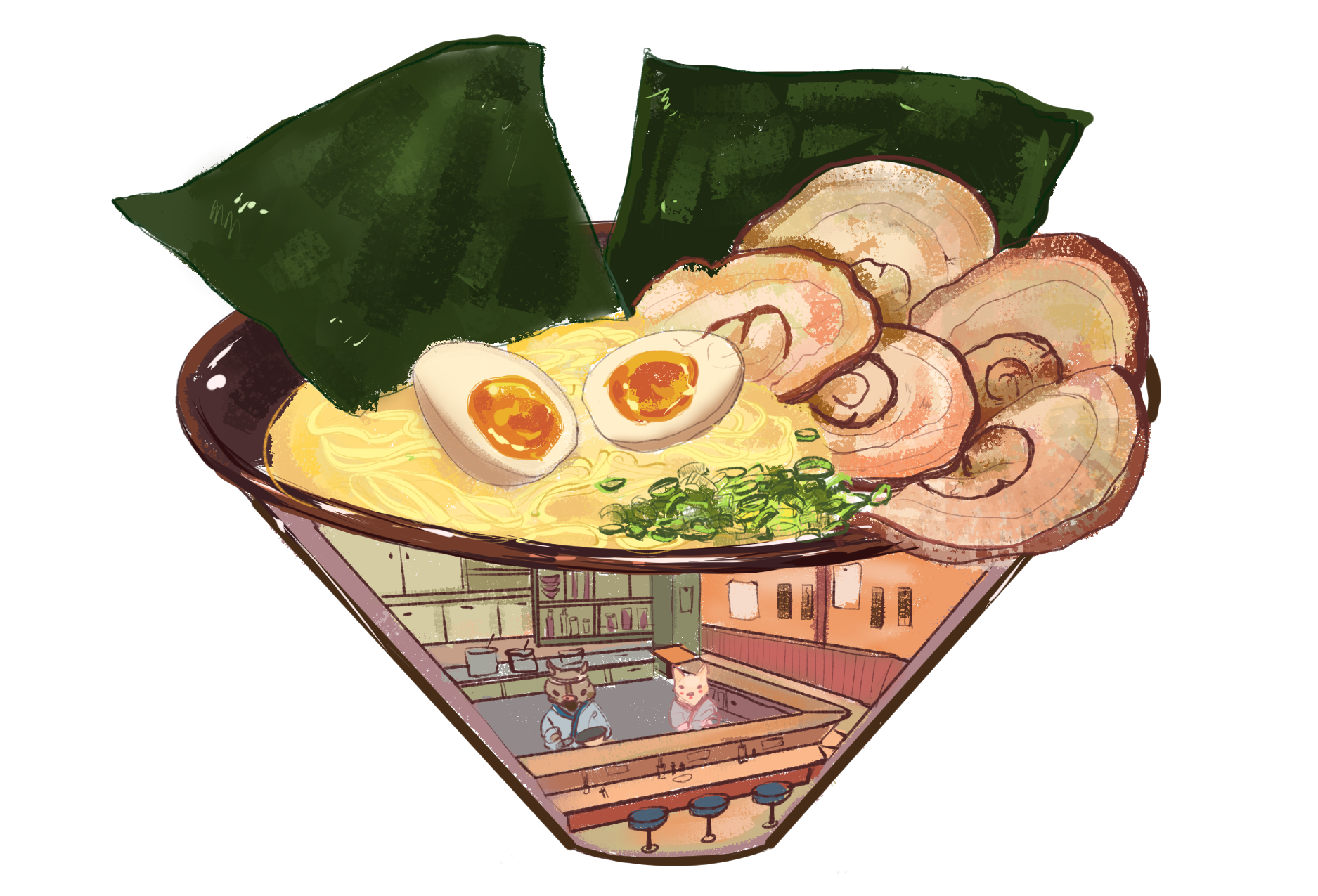 Ramen with seaweed and roasted pork belly slices with a half egg