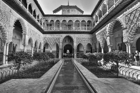 black and white picture of the architecture of Patio de Las Doncellas in Sevilla, Spain