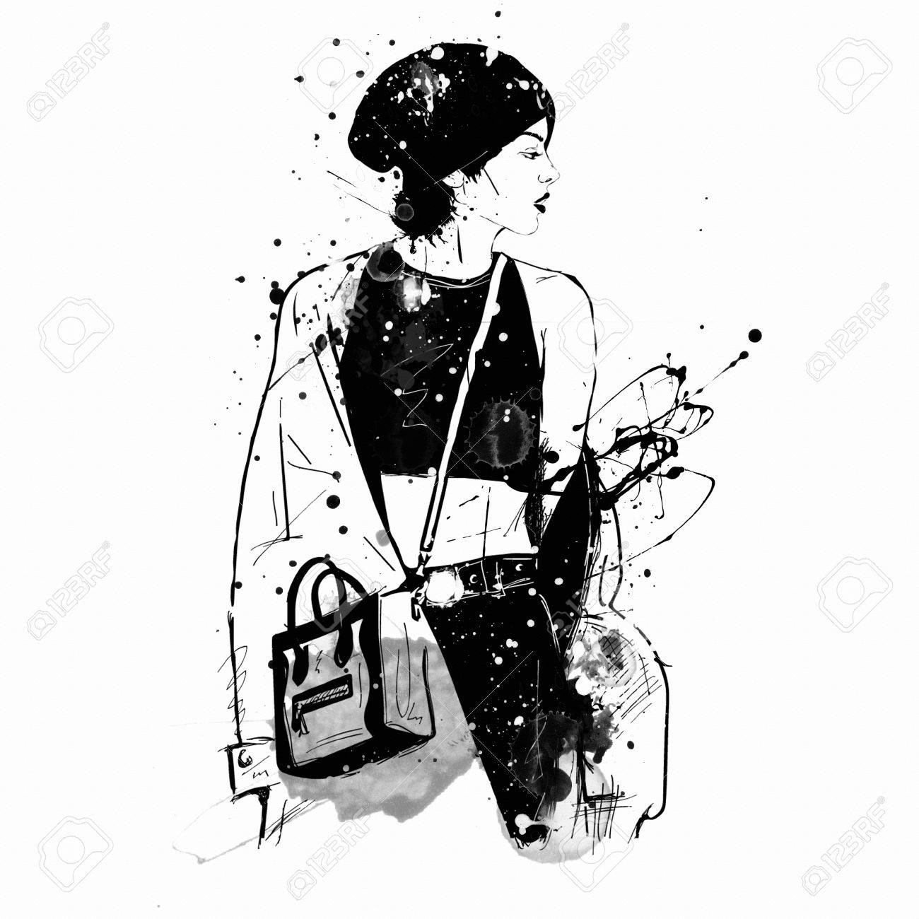 sketch of woman wearing crop top and a beanie with crossbody bag and large jacket