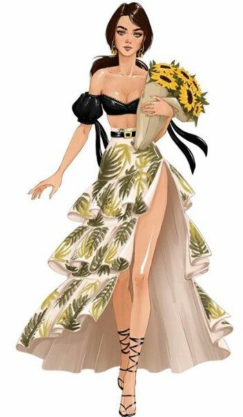 woman wearing tiered floral skirt carrying sunflowers