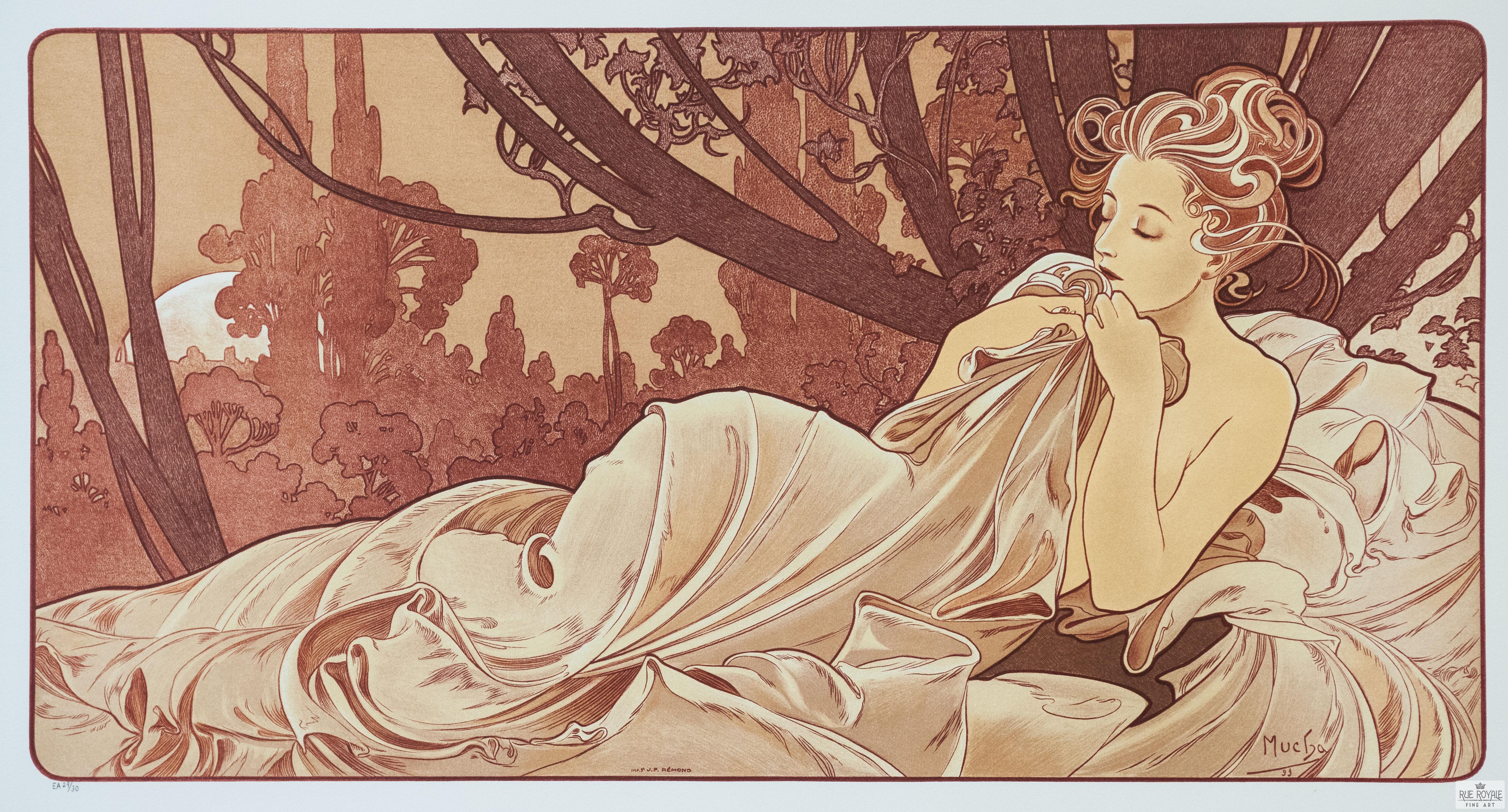 Dusk by Alphonse Mucha, depicting a woman reclining