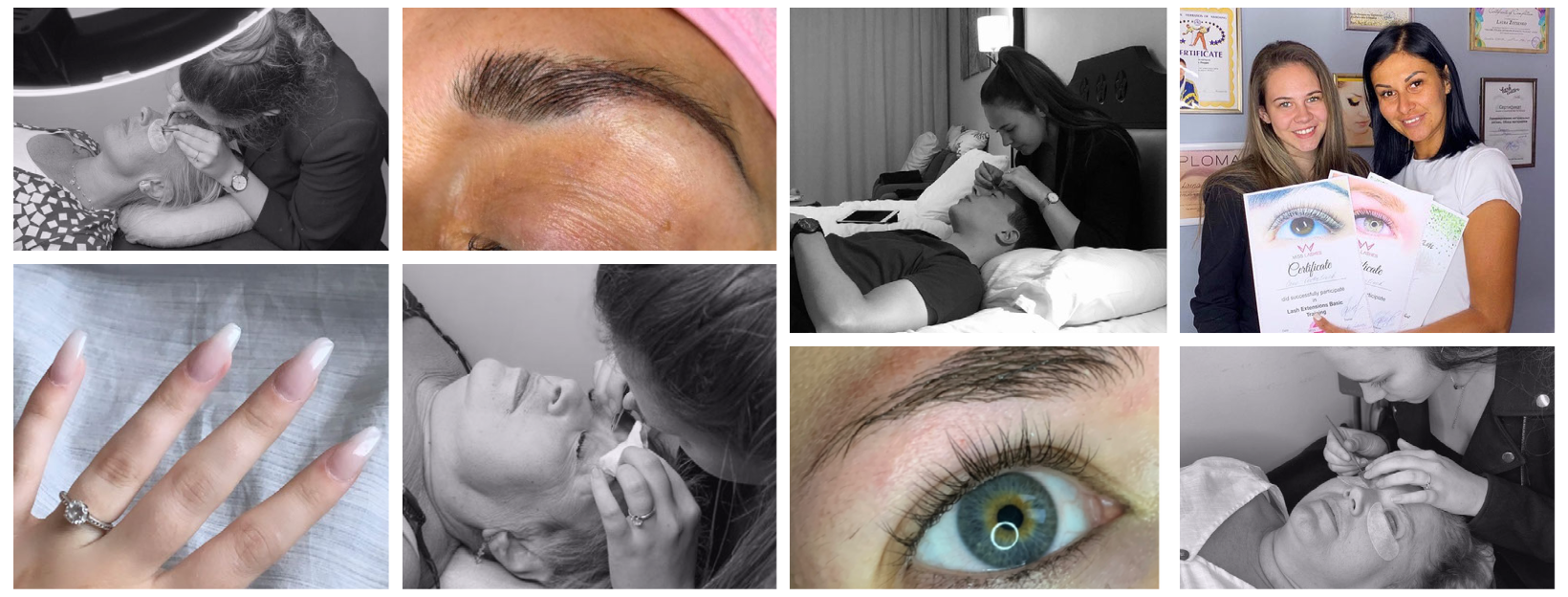 collage of brows, nails, lashes and photos while working
    