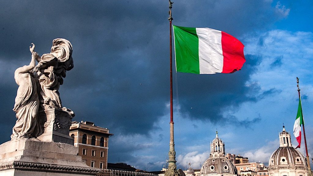 italian flag waving in the wind in rome