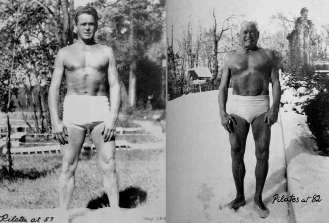 Black and white side by side comparison photographs of Joseph Pilates at age 57 and 82.