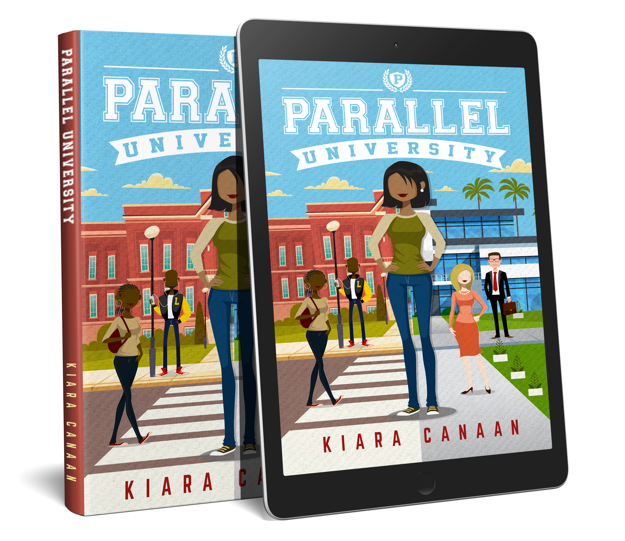 Book and iPad cover of Hazel standing in the middle of her school campus and her childhood home.