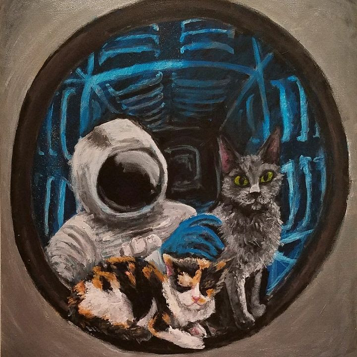 A painting of two cats and an astronaut looking out of a
            spaceship window.