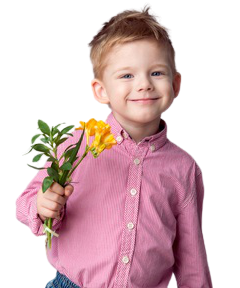 Smiling boy wearing pink shirt holding yellow flower