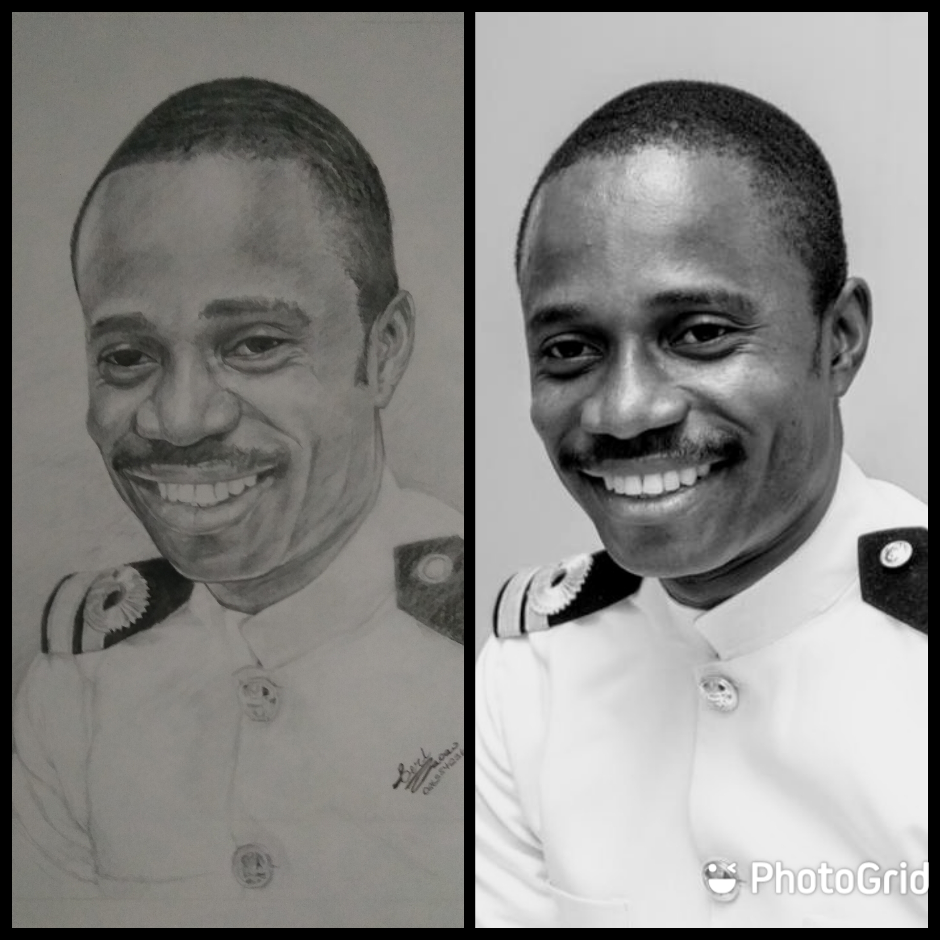 Pencil portrait of a man juxtaposed to the original picture