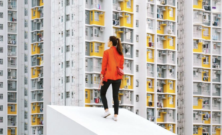 Girl with building on the background