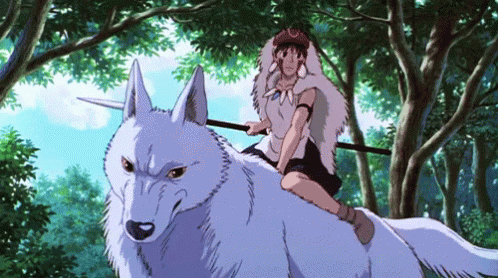 Girl in war paint holding a spear
       and riding wolf in forest