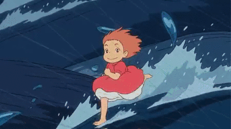 Little girl with orange hair
       running on waves