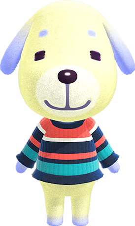 Daisy, normal dog villager with cream-white fur, pure-white muzzle, and blue ears and paws from Animal Crossing: New Horizons