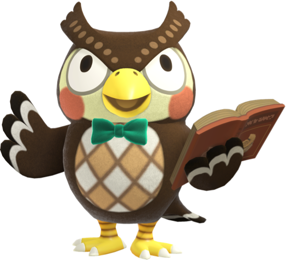 Blathers, museum-running owl with dark brown feathers, a light-brown-and-white patterned belly, and yellow beak, legs, and feet from Animal Crossing: New Horizons