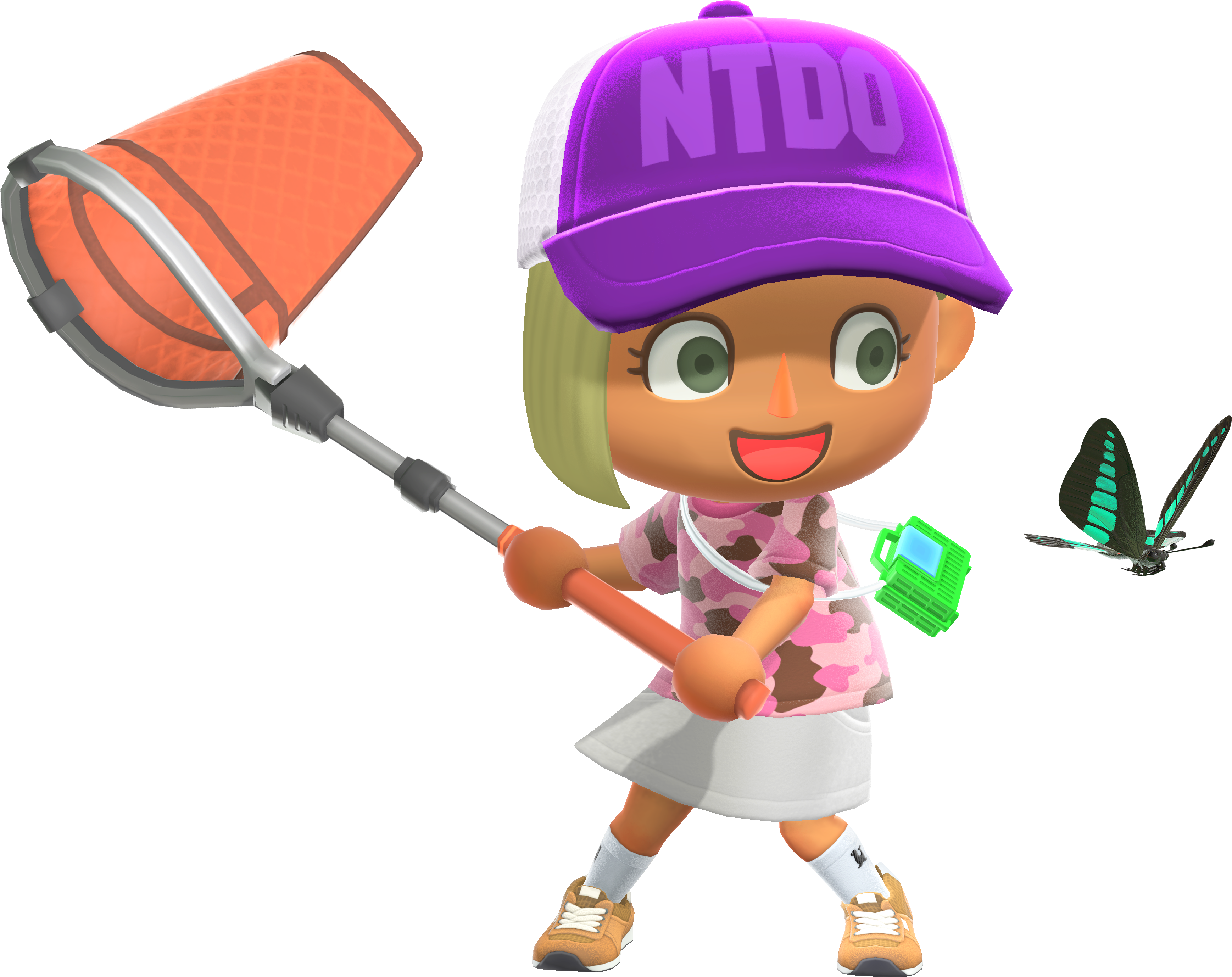 Animal Crossing: New Horizons girl catching a blue and black butterfly with an orange net, wearing a purple hat, pink camo shirt, white skirt, and pink shoes
