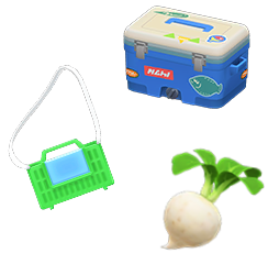 A blue cooler with fishing related stickers on the top-right; a bright green bug cage with light blue glass and a white strap; white and green turnip sold by Daisy Mae from Animal Crossing: New Horizons