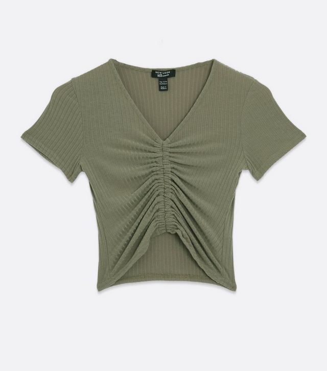 olive-ribbed-ruched-front-t-shirt