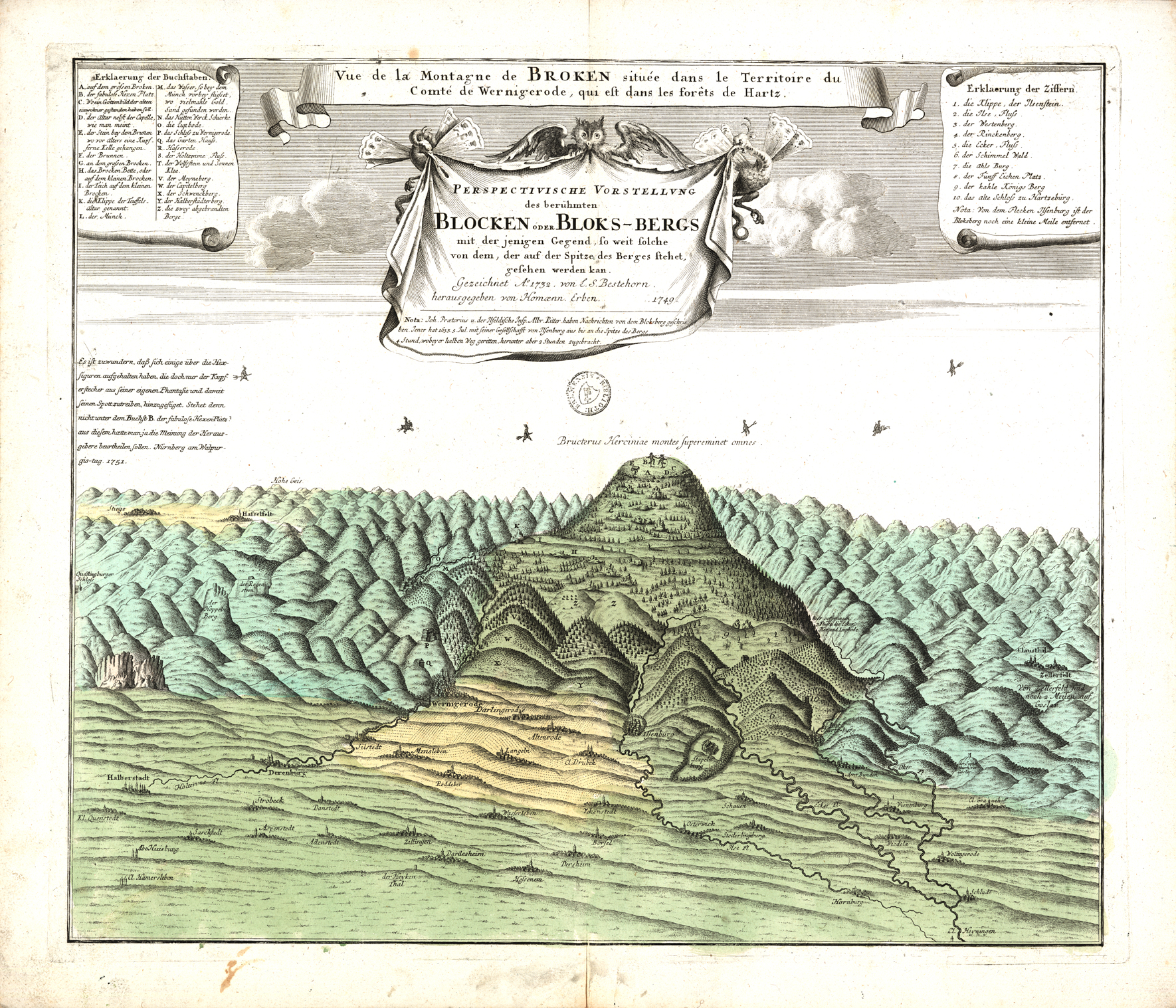 old drawn card of the Brocken with witches on brooms flying to the peak