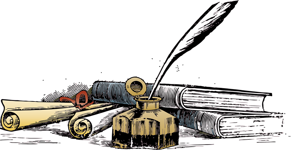 a pen and ink drawing of books and scrolls