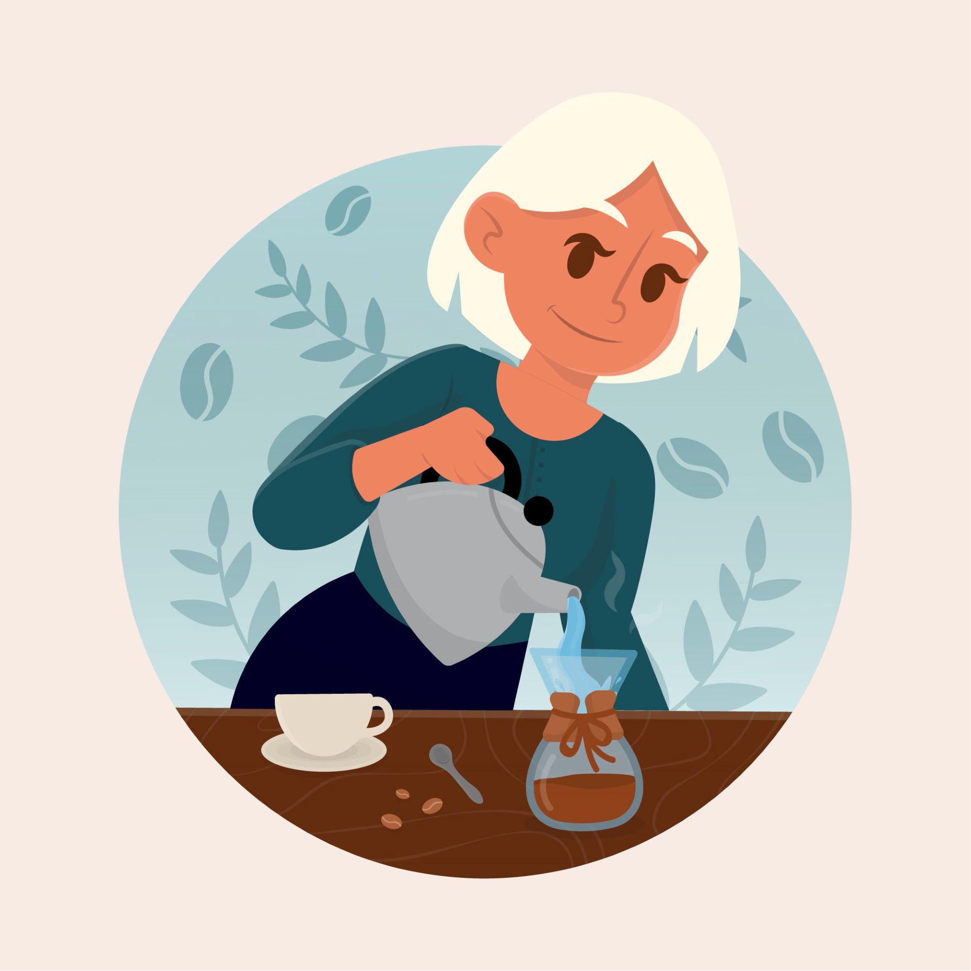 Illustration on a lady brewing coffee