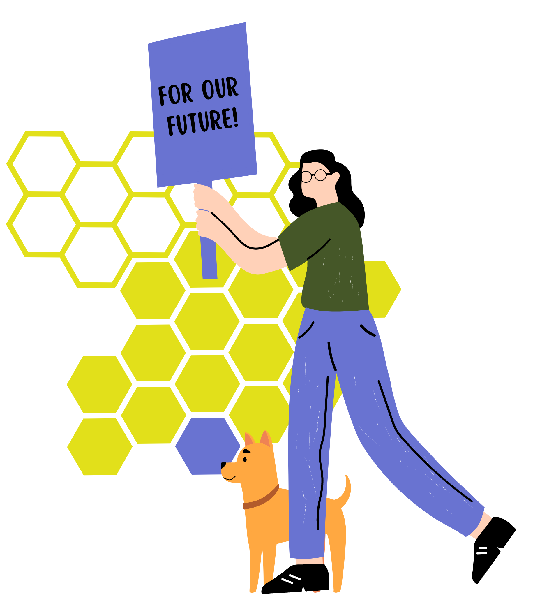 shelbee and dog illustration. Shelbee holds sign stating 'for a better future!;