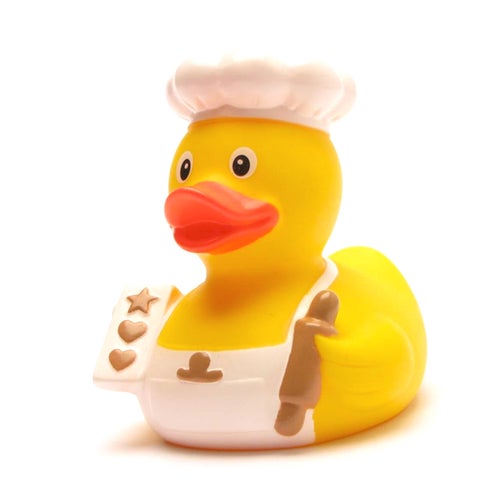 rubber duck with a chef hat, rolling pin, and cookies