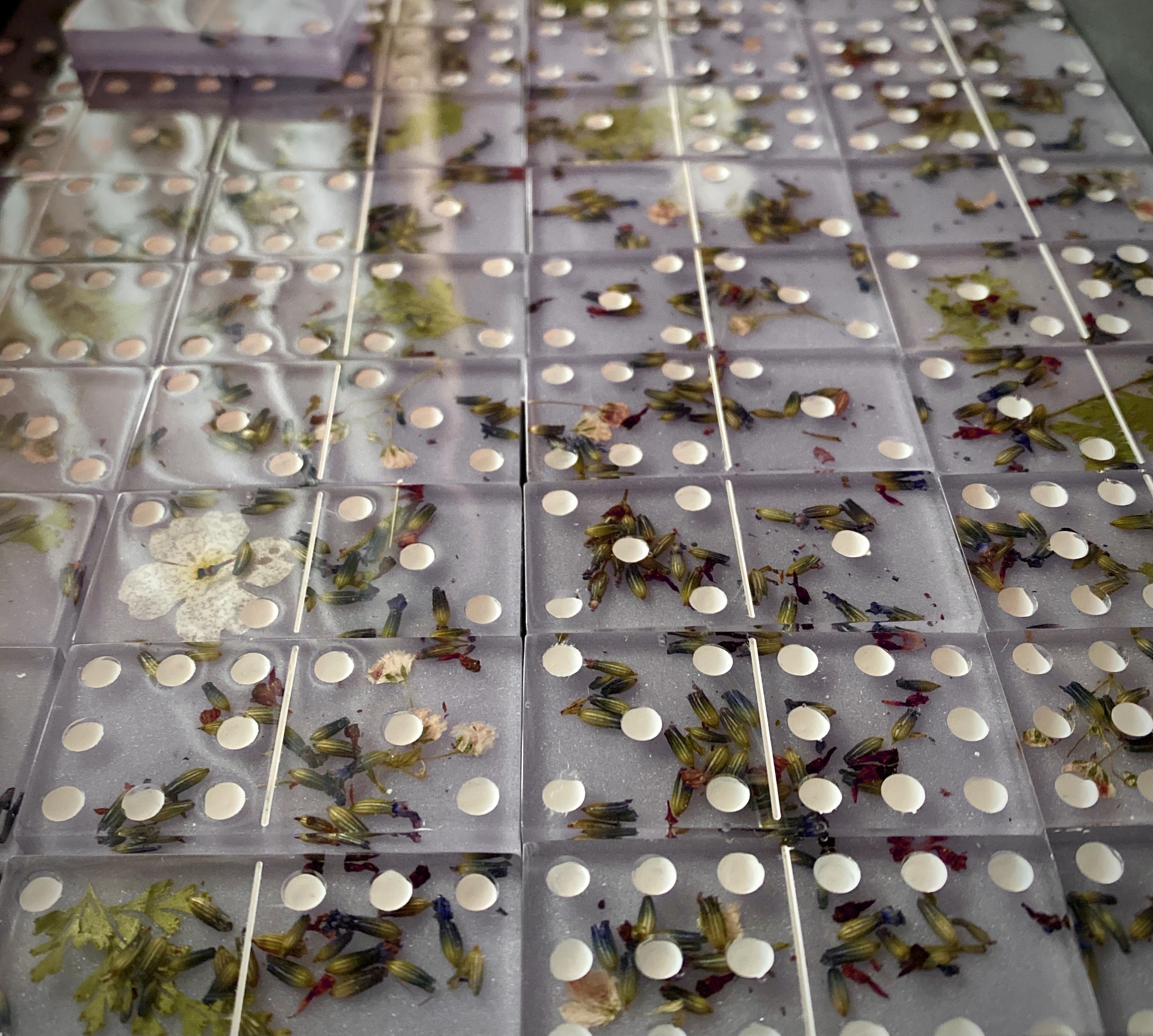 Dominoes made with pressed flowers