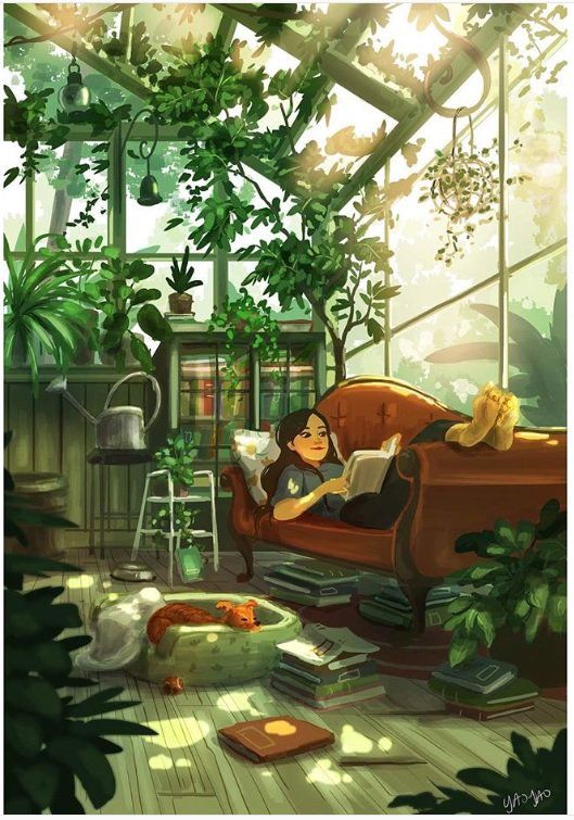 Girl reading a book surrounded by plants