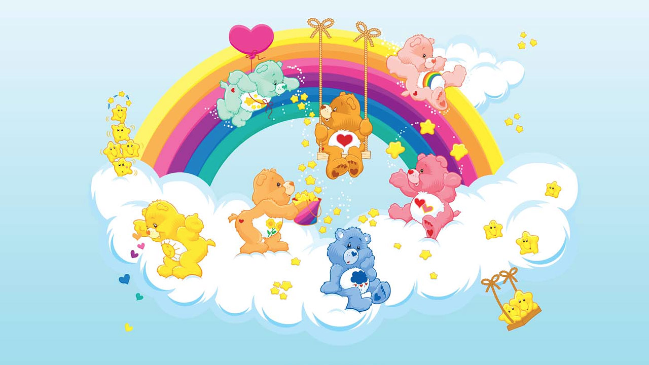 care bears on a rainbow with a cloud